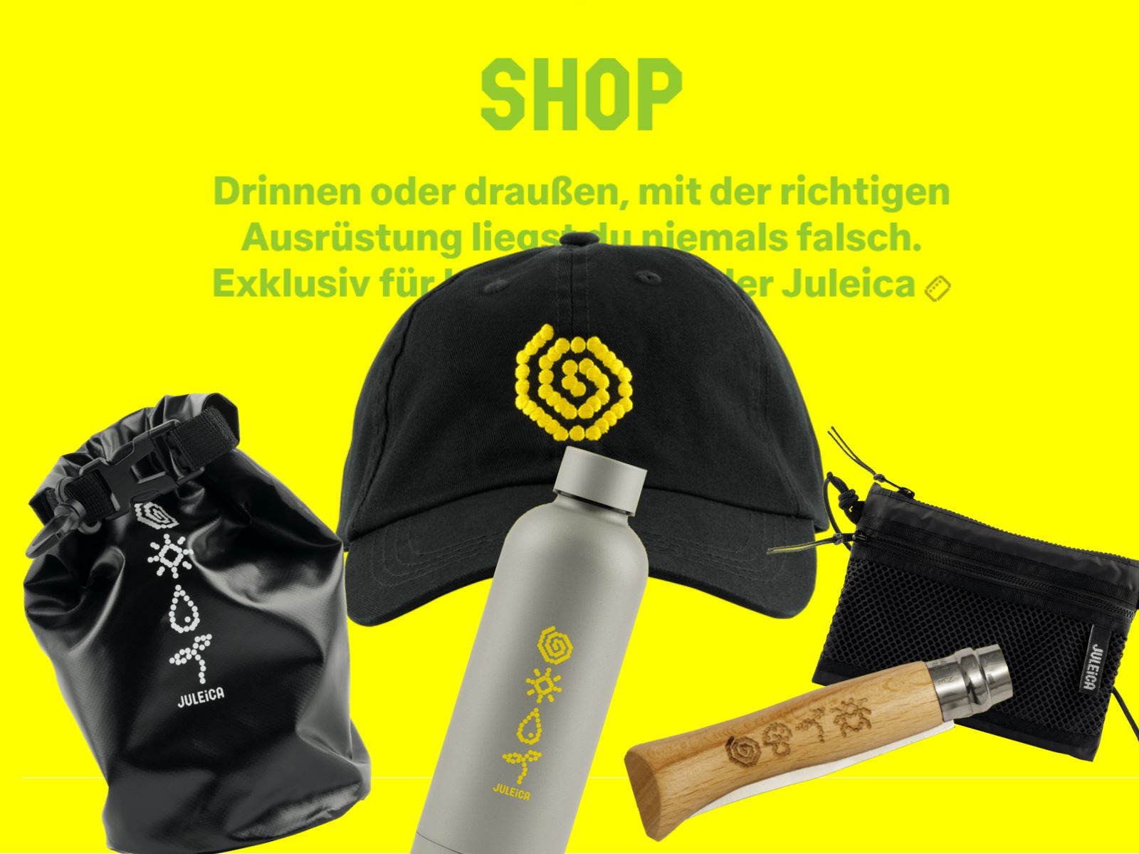 Produkte aus dem Shop auf gelbem Hintergrund: Cap, Messer, Trinkflasche, und mehr.